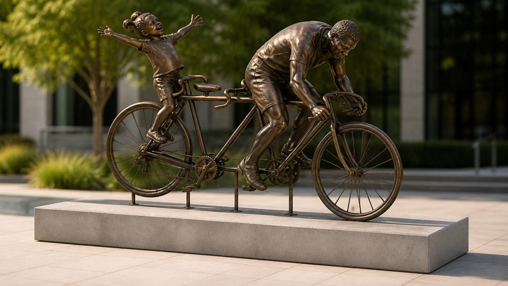 Concept rendering of the Major Taylor bronze sculpture: a rider and a joyful child on a tandem bicycle on a stone plinth