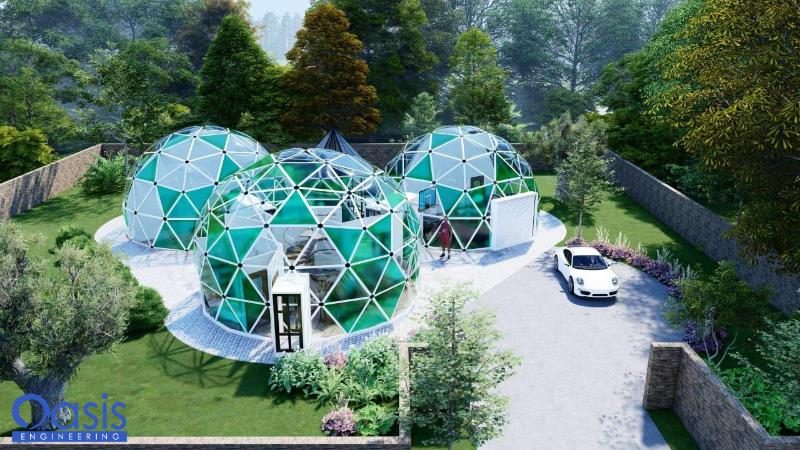 Rendering of a cluster of connected geodesic dome homes by Oasis Engineering