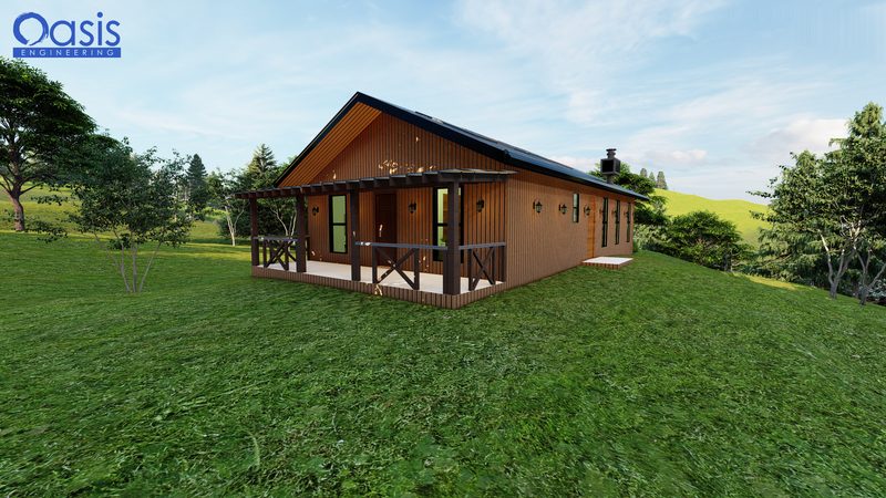 Rendering of an off-grid cabin with a covered porch, designed by Oasis Engineering