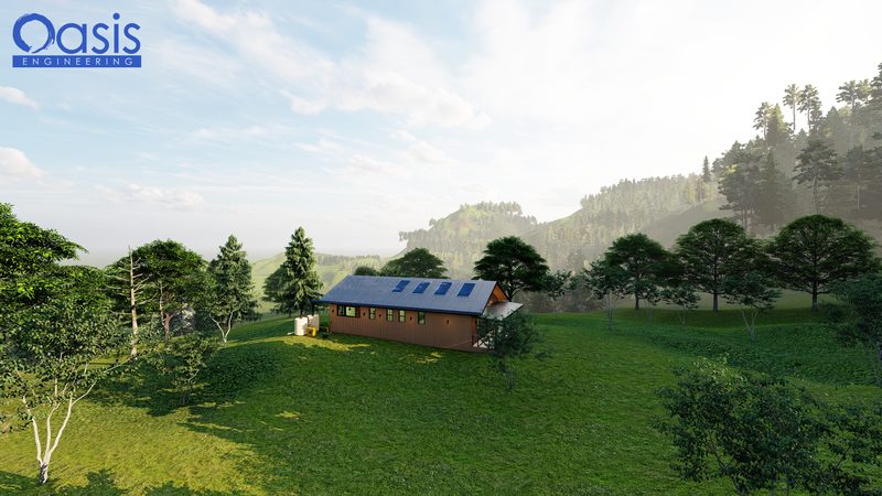 Rendering of the off-grid cabin on a green hillside with solar panels on the roof