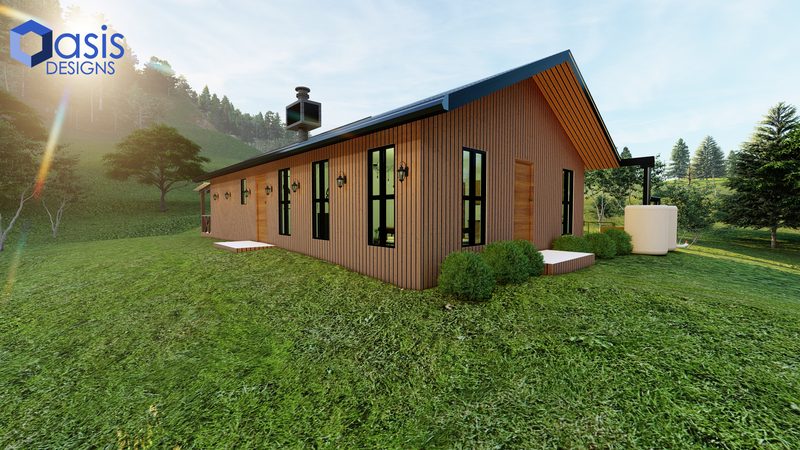 Rendering of the rear of the off-grid cabin with board-and-batten siding
