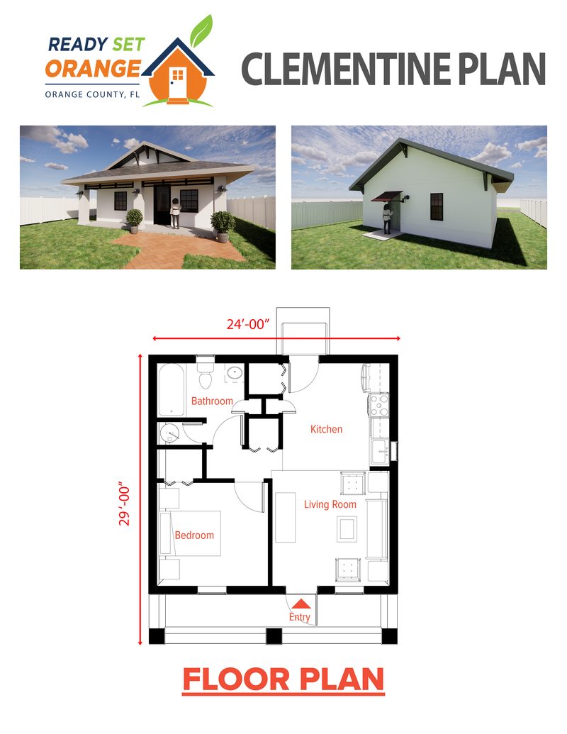 Ready Set Orange Clementine ADU plan sheet with renderings and floor plan