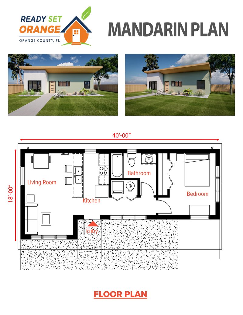 Ready Set Orange Mandarin ADU plan sheet with renderings and floor plan
