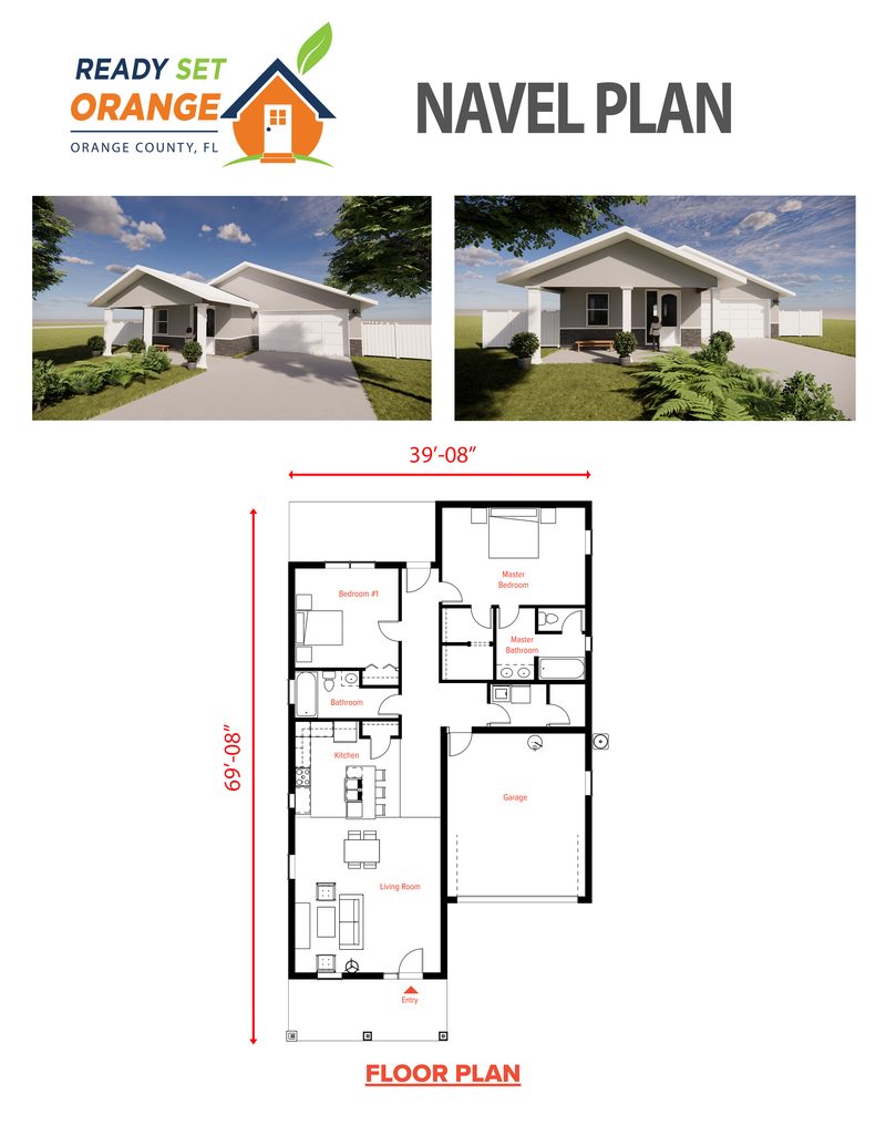 Ready Set Orange Navel home plan sheet with renderings and floor plan