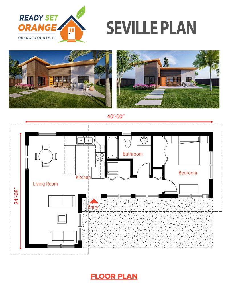 Ready Set Orange Seville ADU plan sheet with renderings and floor plan