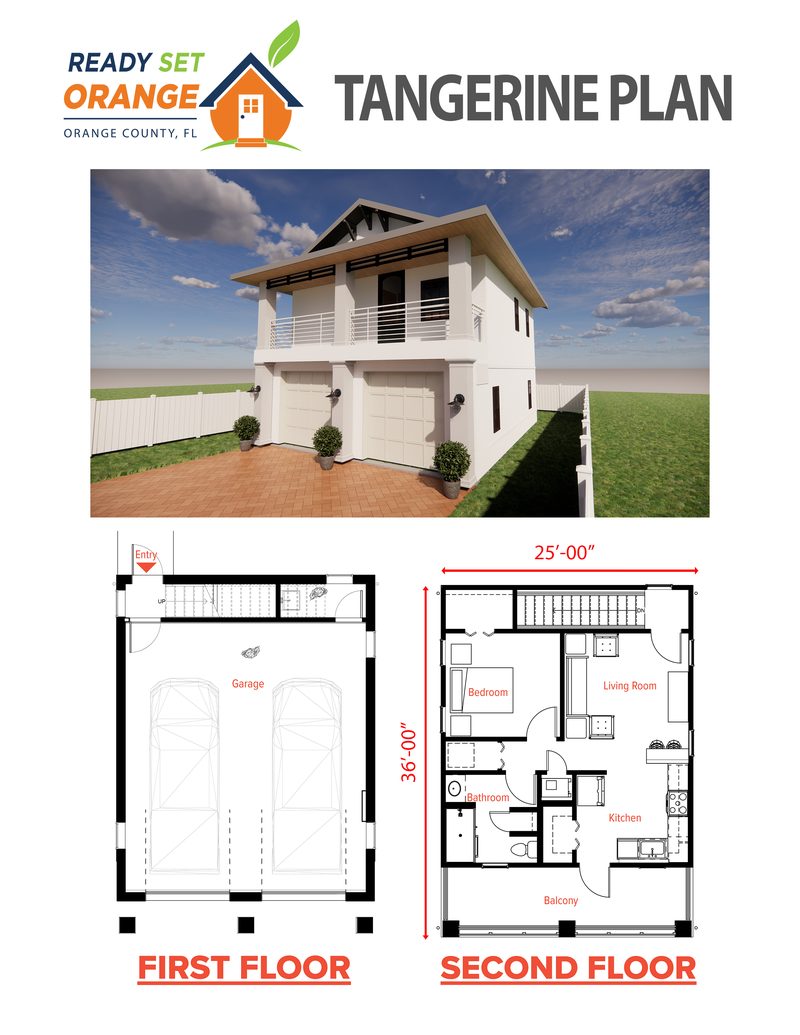 Ready Set Orange Tangerine ADU plan sheet with renderings and floor plan