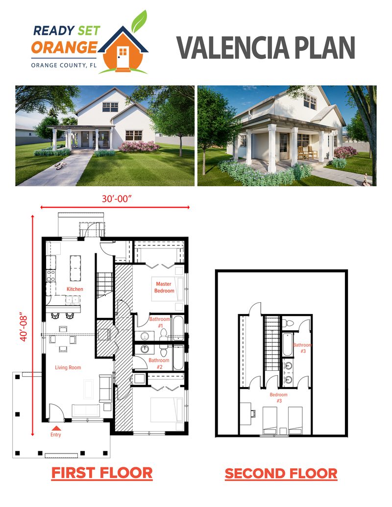 Ready Set Orange Valencia home plan sheet with renderings and floor plan