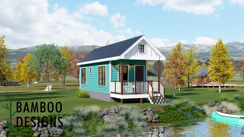 Koto 12×30 modern tiny home plan by Bamboo Designs, a teal cabin with a covered porch