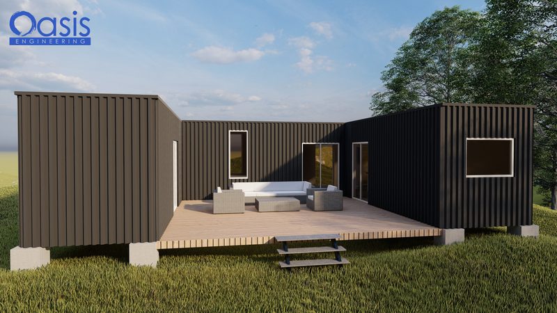 Rendering of a tiny shipping container home with a deck between two containers