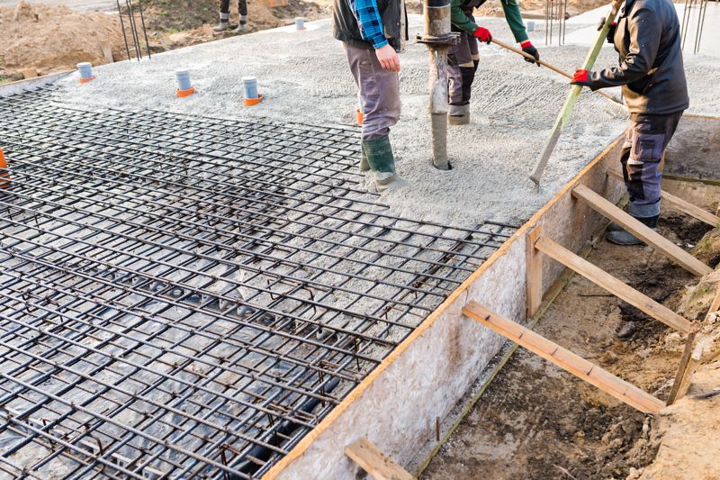 Crew placing concrete over a rebar mat