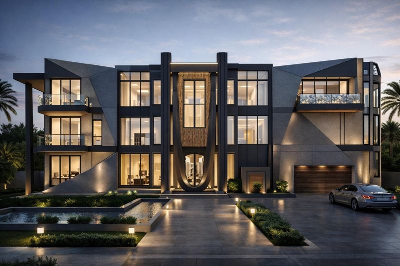 Rendering of a three-story modern event house in Orlando, Florida, lit at dusk