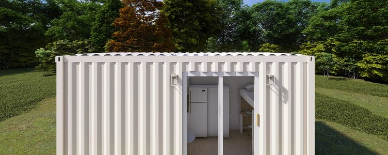 Shipping container studio with sliding glass doors, from the Oasis plan set shop