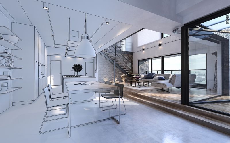 Sketch transitioning into a rendered interior