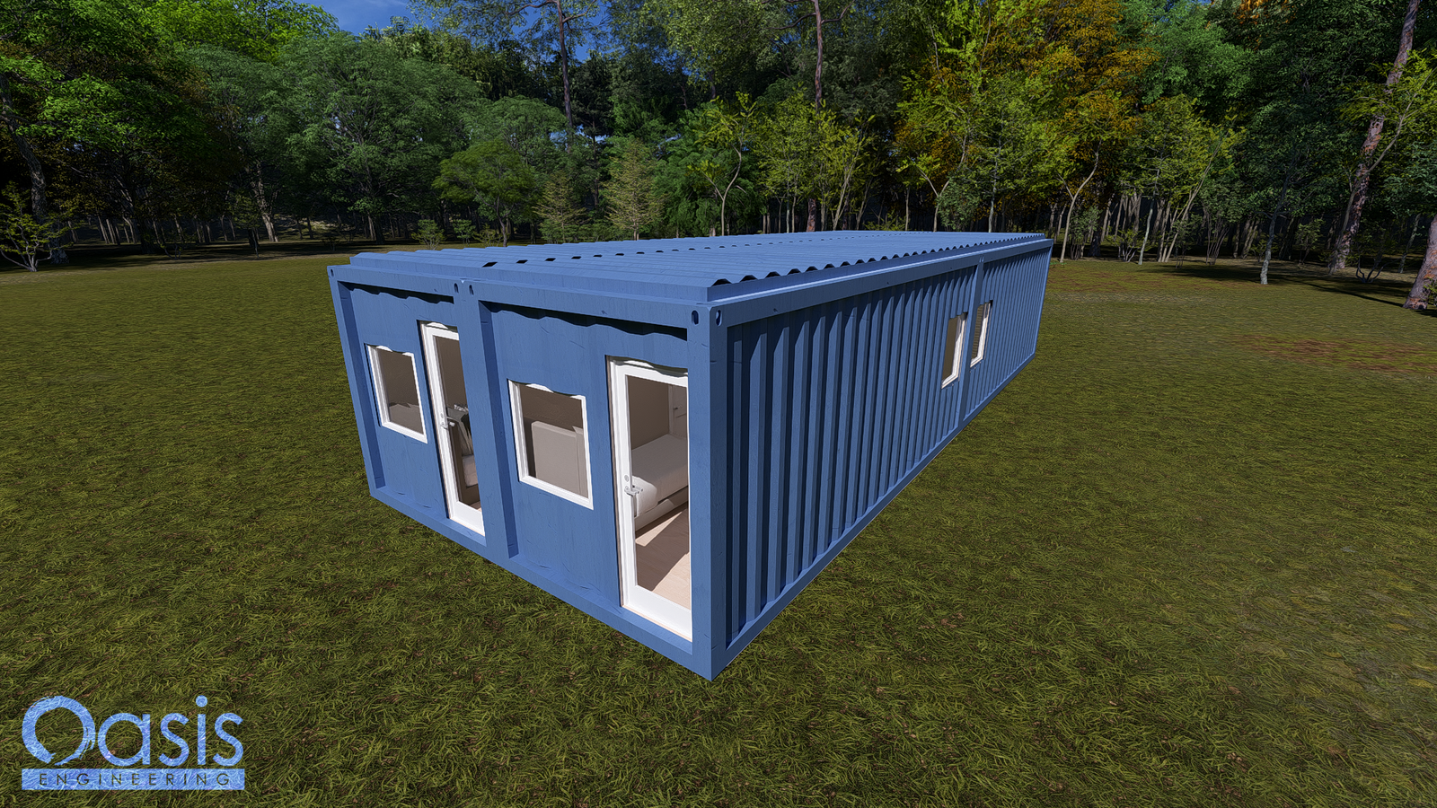 High-resilience container home structure designed by Oasis Engineering for disaster relief housing